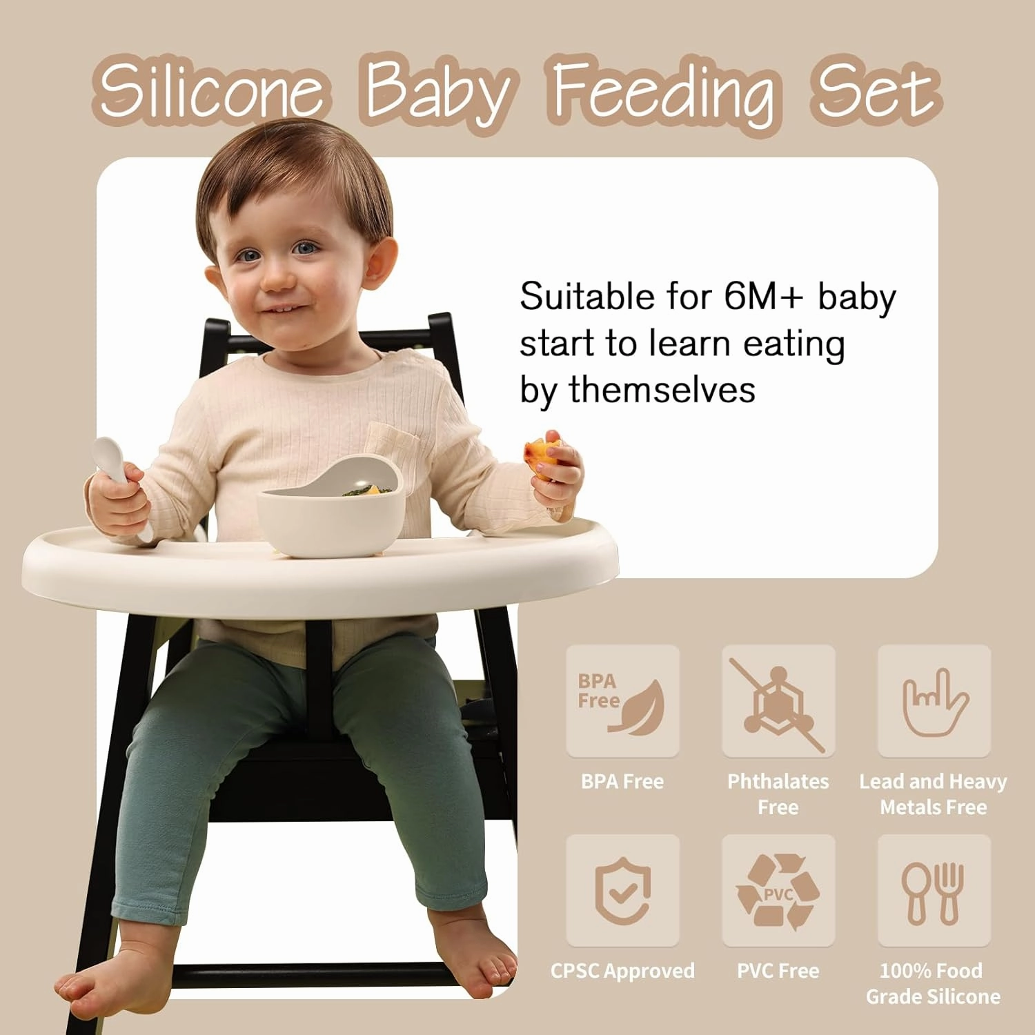 Baby Led Weaning Supplies, 17 Piece BPA-Free Silicone Feeding Set, Eating Essentials Baby Utensils with Suction Plate and Bowl, Pocket Bib, Sippy Cup with Lid, for 6  Months, Beige