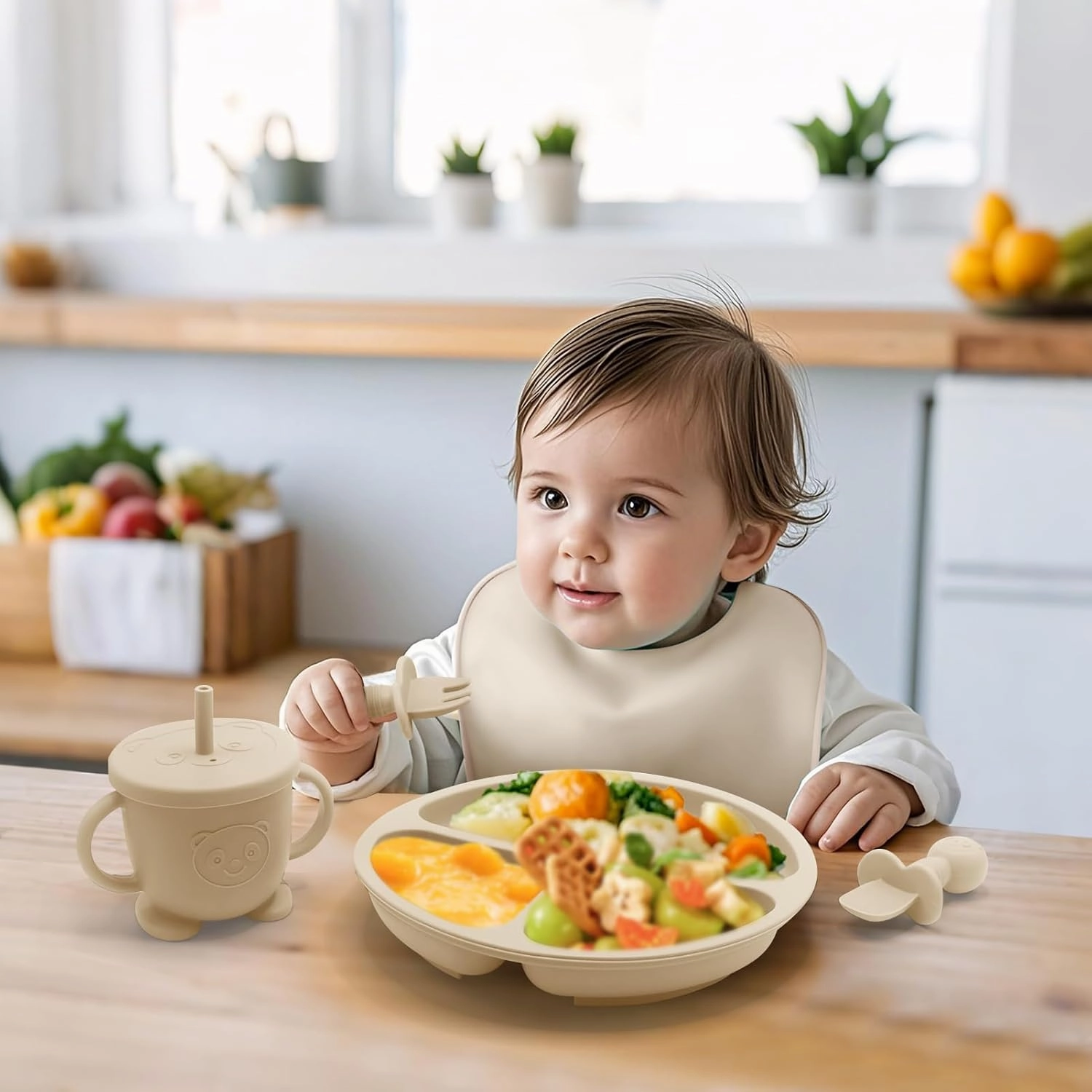 Baby Led Weaning Supplies, 17 Piece BPA-Free Silicone Feeding Set, Eating Essentials Baby Utensils with Suction Plate and Bowl, Pocket Bib, Sippy Cup with Lid, for 6  Months, Beige