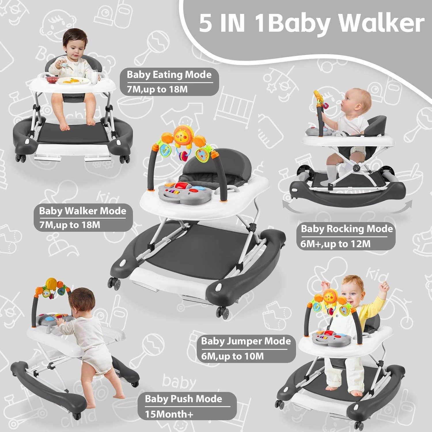 Baby Walker with Wheels, 5 in 1 Baby Walkers for Boys Girls 6-12 Months, Foldable Walker Baby with Bouncer & Feeding Tray, Music, Adjustable Heights