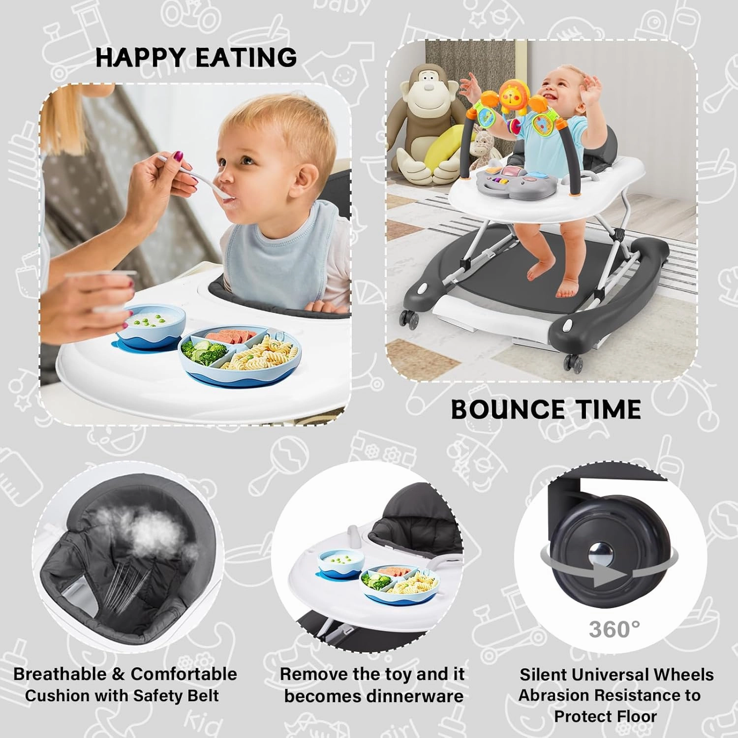 Baby Walker with Wheels, 5 in 1 Baby Walkers for Boys Girls 6-12 Months, Foldable Walker Baby with Bouncer & Feeding Tray, Music, Adjustable Heights