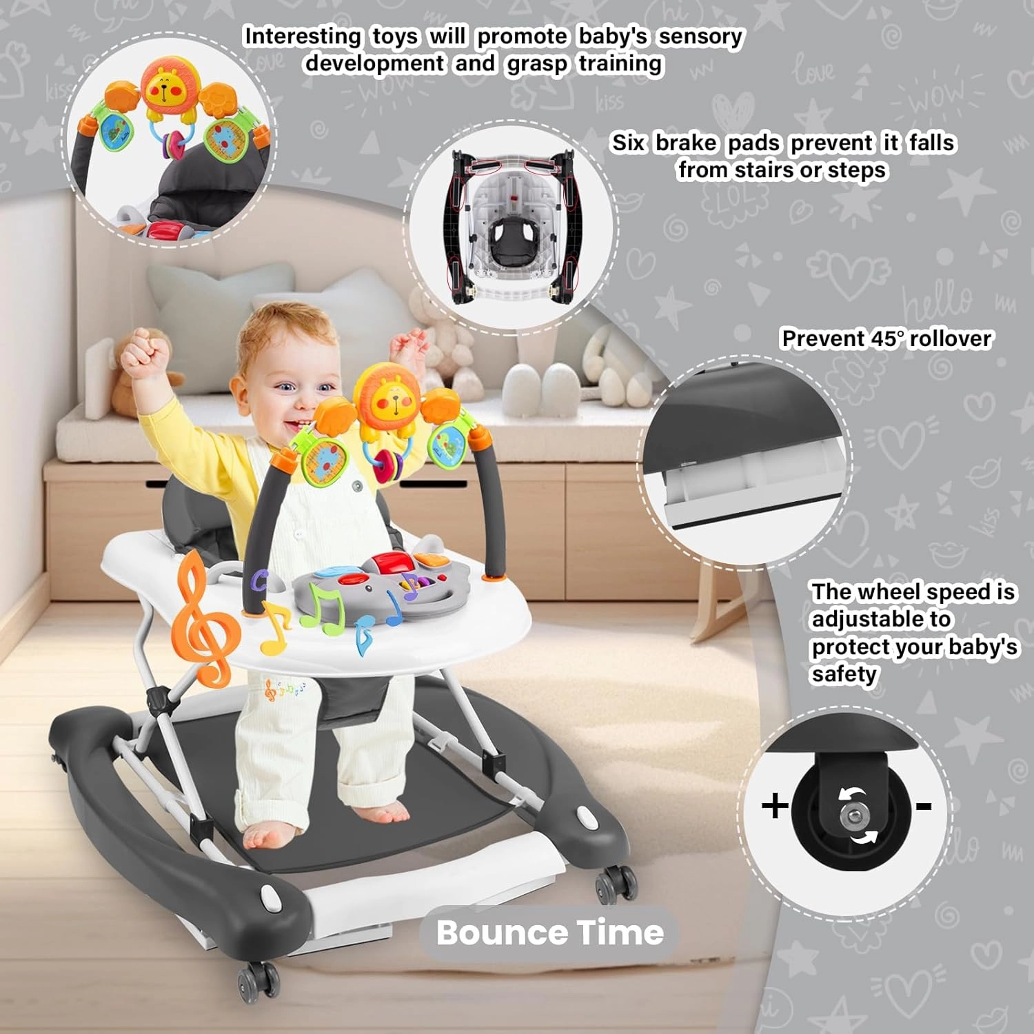 Baby Walker with Wheels, 5 in 1 Baby Walkers for Boys Girls 6-12 Months, Foldable Walker Baby with Bouncer & Feeding Tray, Music, Adjustable Heights