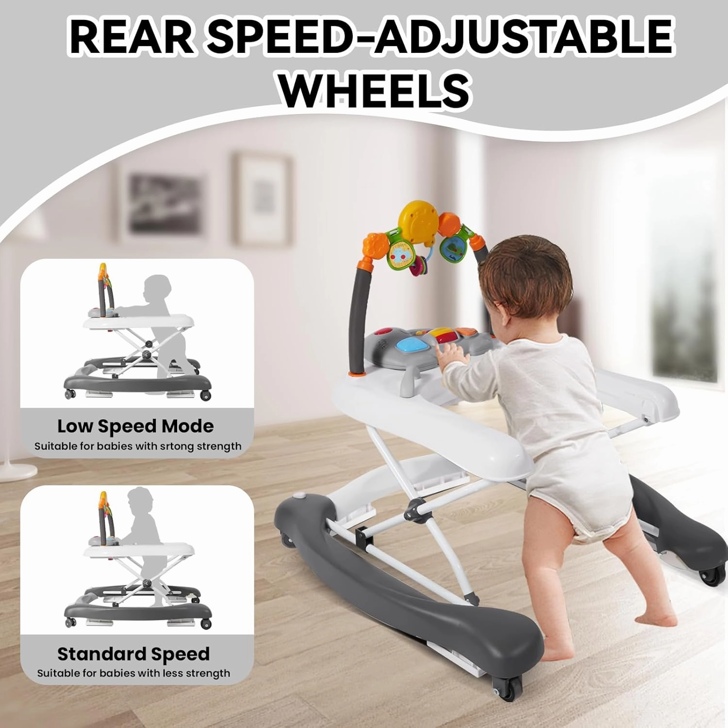 Baby Walker with Wheels, 5 in 1 Baby Walkers for Boys Girls 6-12 Months, Foldable Walker Baby with Bouncer & Feeding Tray, Music, Adjustable Heights