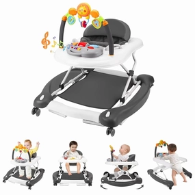 Baby Walker with Wheels, 5 in 1 Baby Walkers for Boys Girls 6-12 Months, Foldable Walker Baby with Bouncer & Feeding Tray, Music, Adjustable Heights