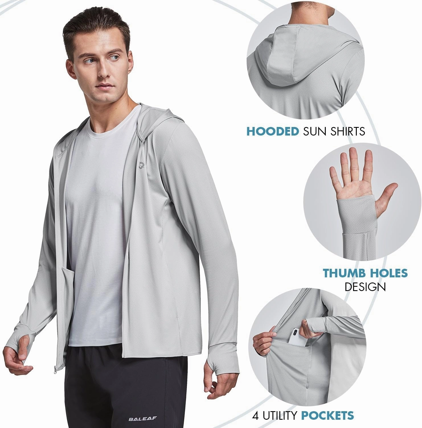 baleaf Men's UPF 50  Full Zip Light Jacket Hooded Long Sleeve Cooling Shirt with Pocket Hiking Fishing Outdoor Performance
