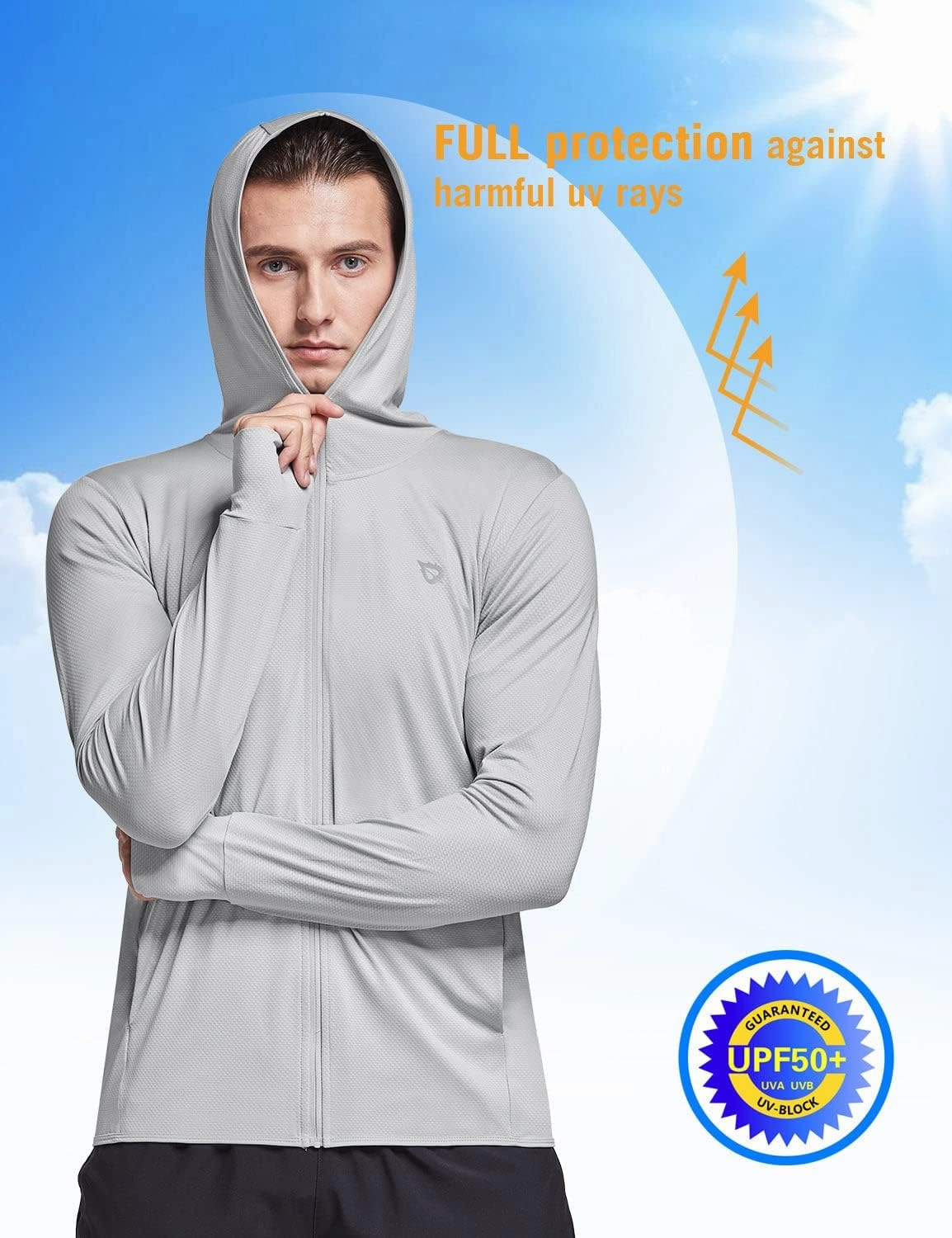 baleaf Men's UPF 50  Full Zip Light Jacket Hooded Long Sleeve Cooling Shirt with Pocket Hiking Fishing Outdoor Performance