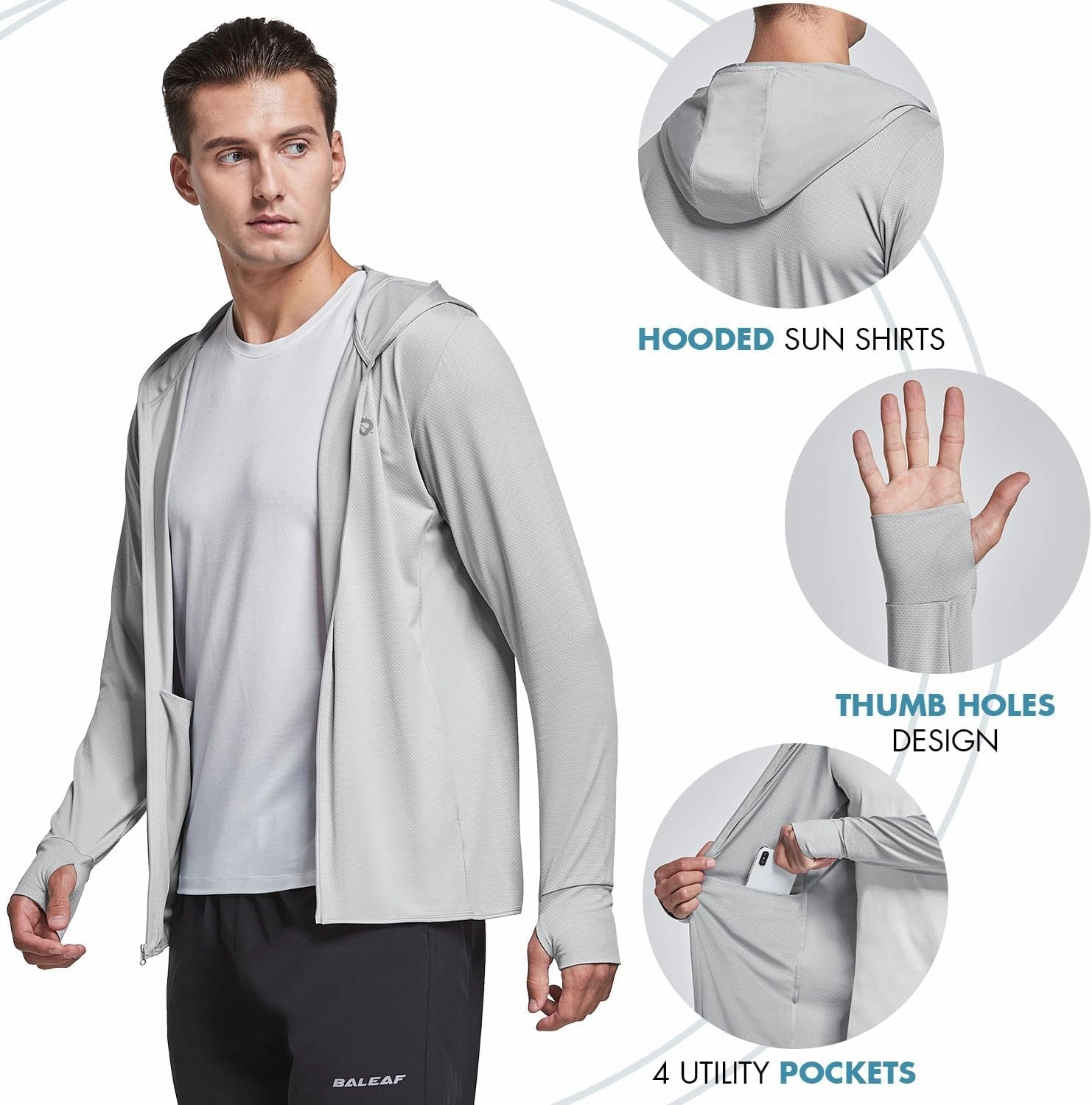 baleaf Men's UPF 50  Full Zip Light Jacket Hooded Long Sleeve Cooling Shirt with Pocket Hiking Fishing Outdoor Performance