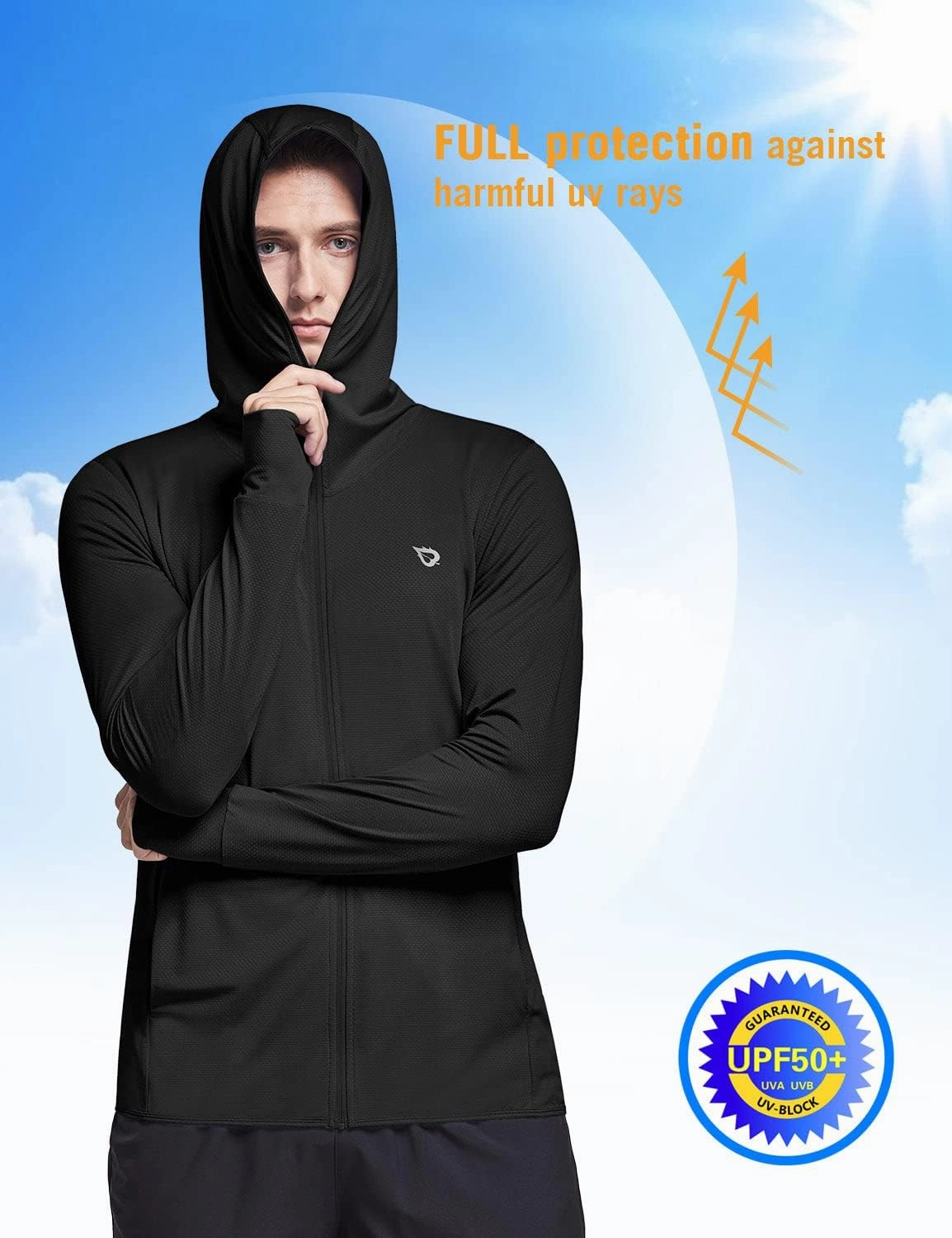 baleaf Men's UPF 50  Full Zip Light Jacket Hooded Long Sleeve Cooling Shirt with Pocket Hiking Fishing Outdoor Performance