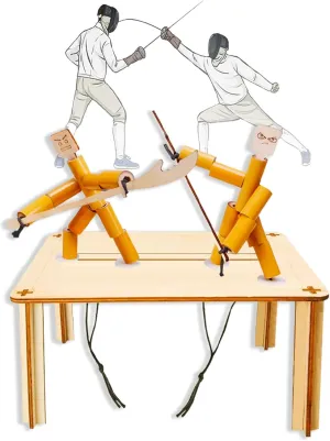 Bamboo Puppet Fighting Game, 4 Wooden Weapons, Table Top Party Game，Funny Bamboo Puppet Kit with Wooden Fighting Table Fighting Party Game