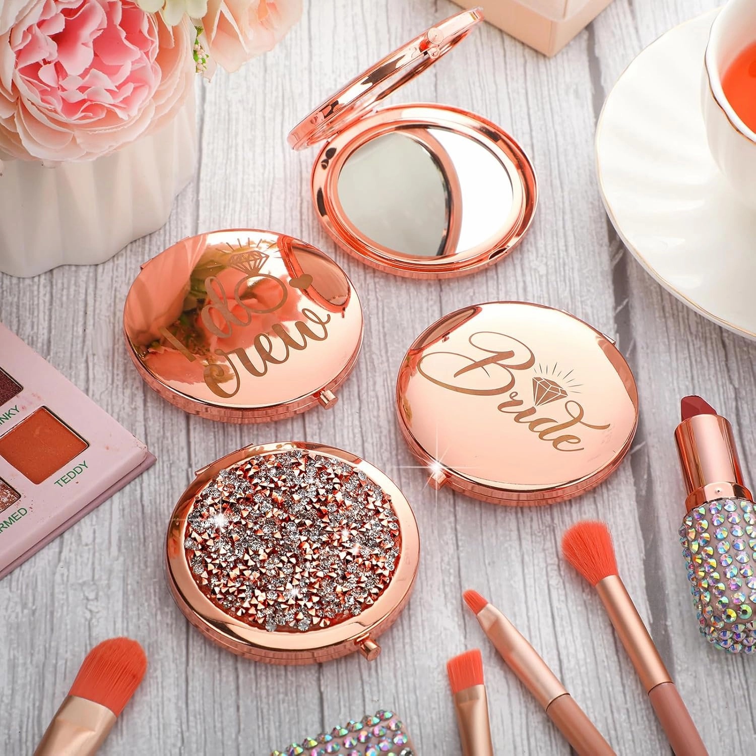 Barydat 10 Pieces Bridesmaid Gifts Set Magnifying Compact Mirror Bride I Do Crew Bridesmaid Proposal Gifts Travel Small Mirror for Purse Makeup Pocket Mirror for Women Wedding Party, Rose Gold
