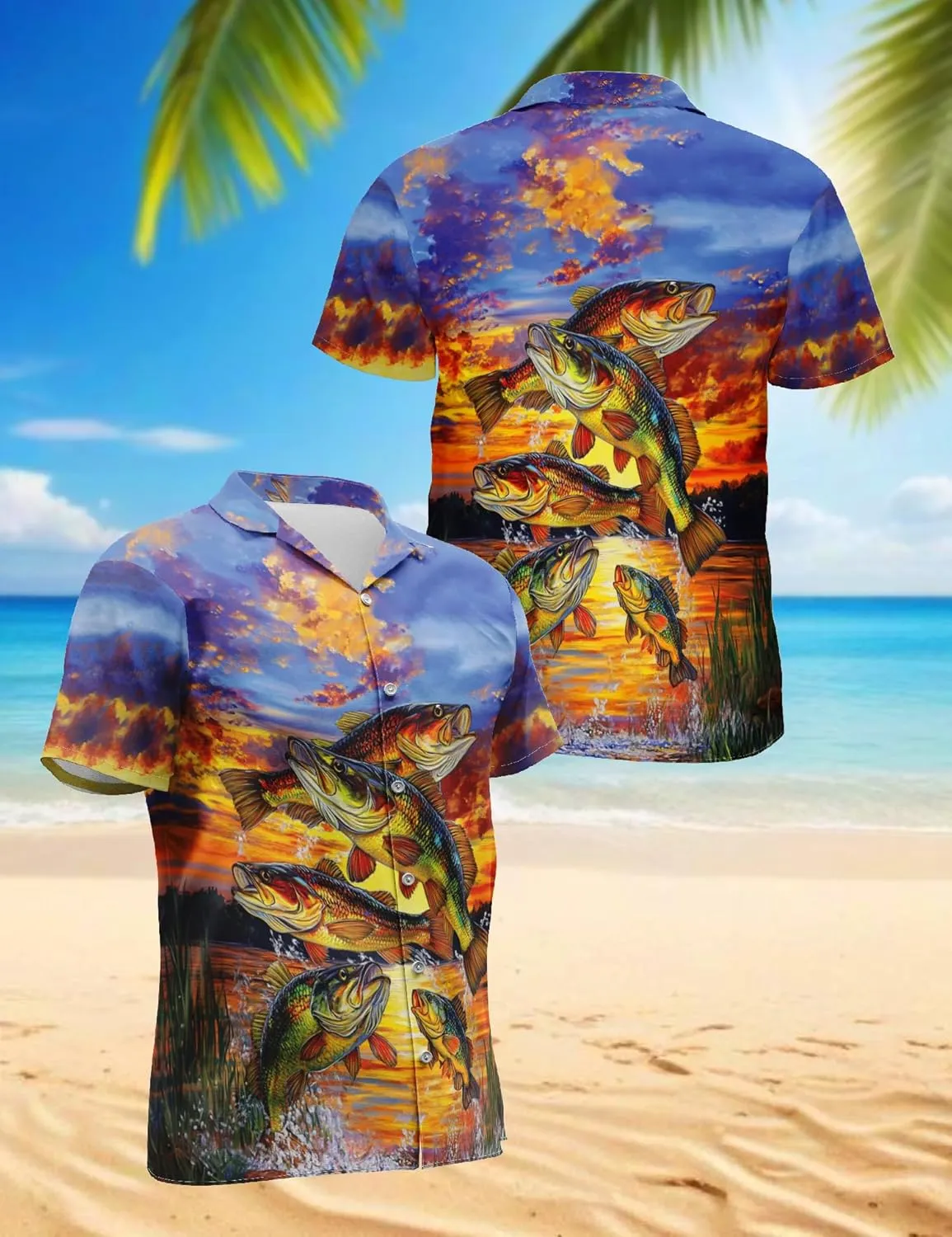 Bass Fishing Hawaiian Shirt for Men, Fishing Lover Gifts, Summer Button Down Shirts, Aloha Beach Short Sleeve, S-5XL