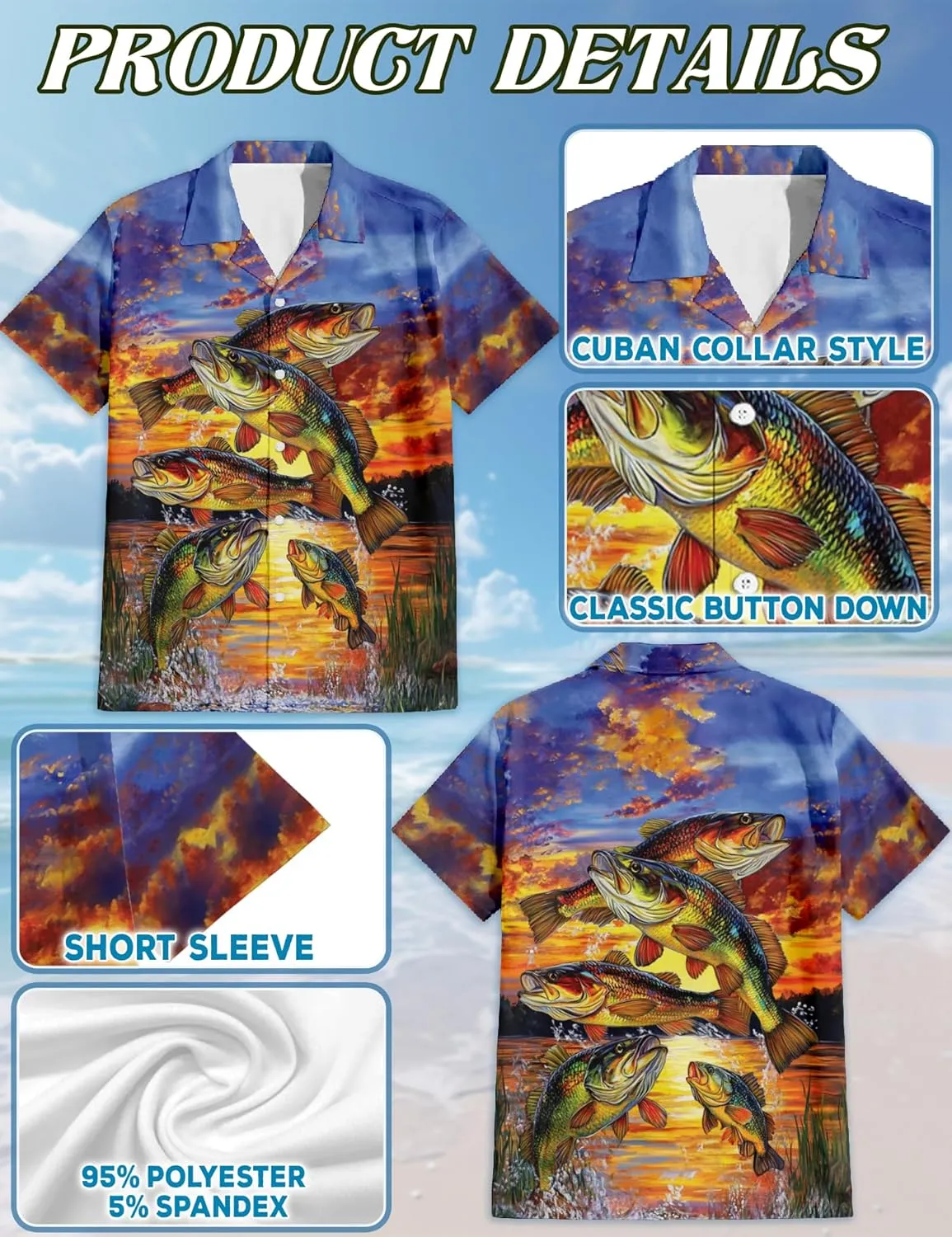 Bass Fishing Hawaiian Shirt for Men, Fishing Lover Gifts, Summer Button Down Shirts, Aloha Beach Short Sleeve, S-5XL