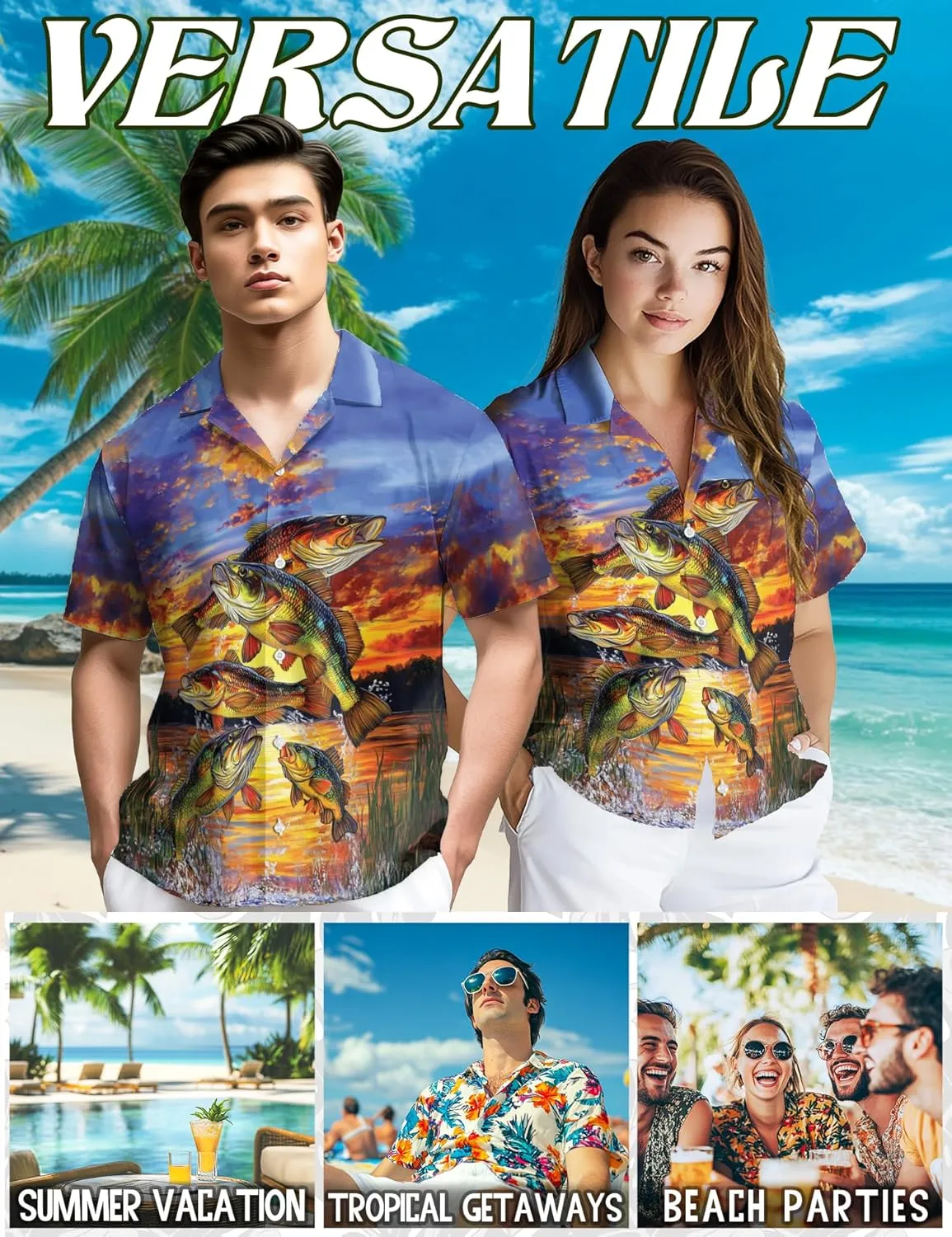 Bass Fishing Hawaiian Shirt for Men, Fishing Lover Gifts, Summer Button Down Shirts, Aloha Beach Short Sleeve, S-5XL