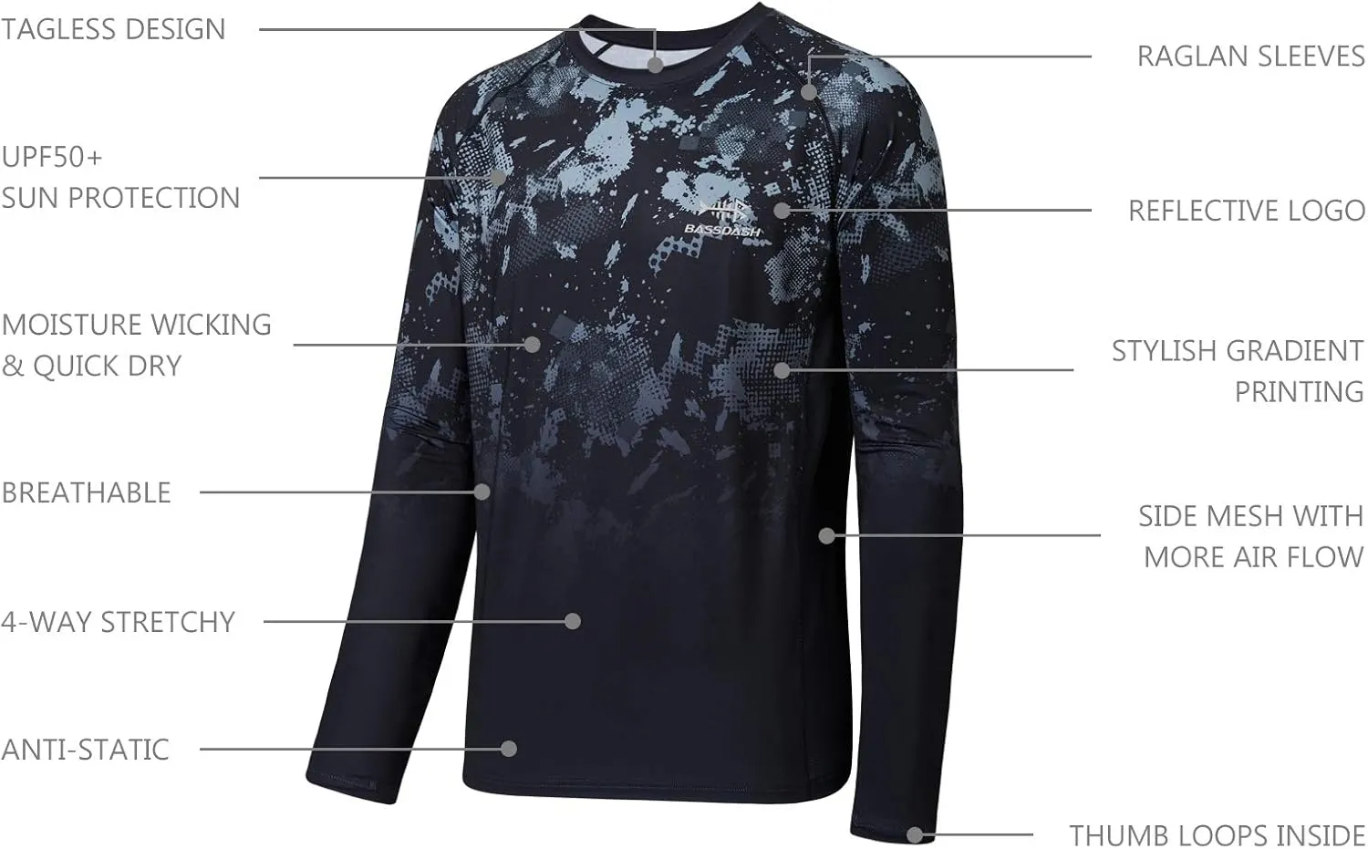 BASSDASH FS14M Men's Camo Gradient Performance Long Sleeve Fishing Shirt UPF50 