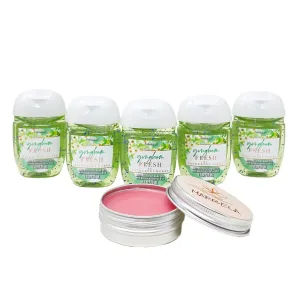 Bath & Body Works Gingham Fresh 5 Pack Mini Hand Gels with a Strawberry Lip Balm - Set of 2
