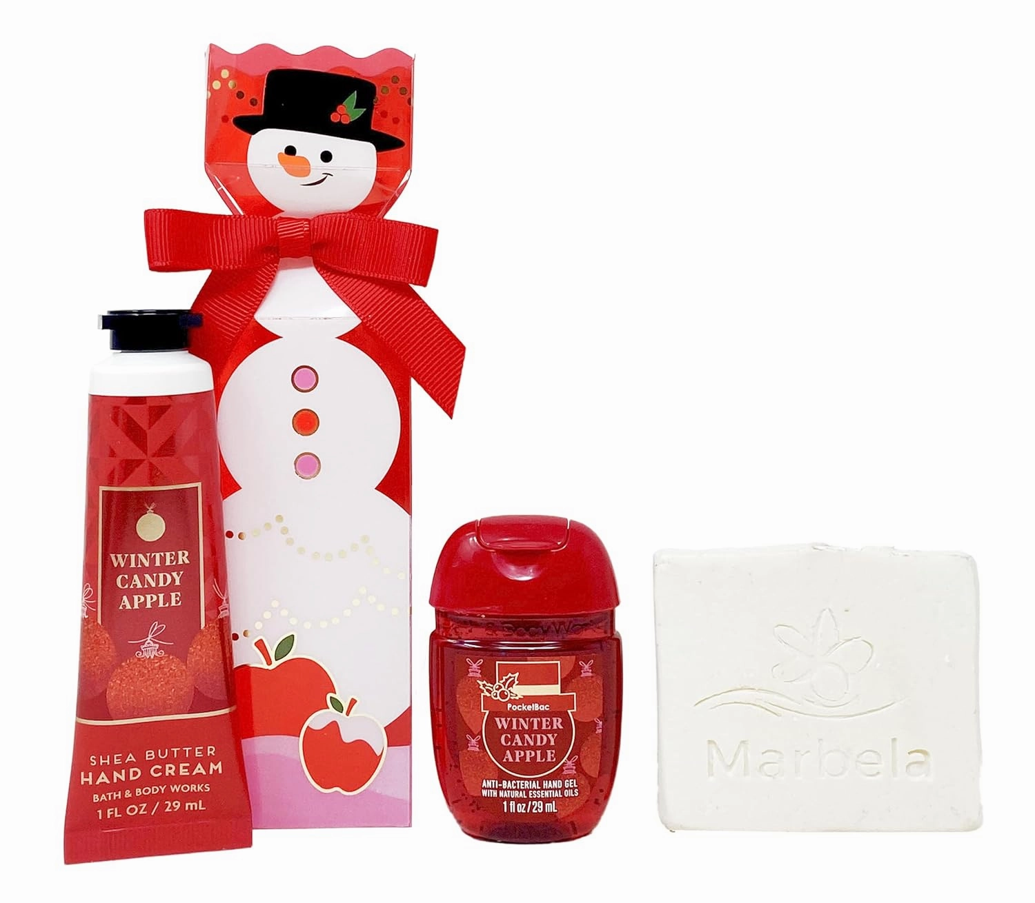 Bath & Body Works Winter Candy Apple - Mini Gift Box Set - Hand Cream and Hand Gel Sanitizer with a Natural Oats Sample Soap.