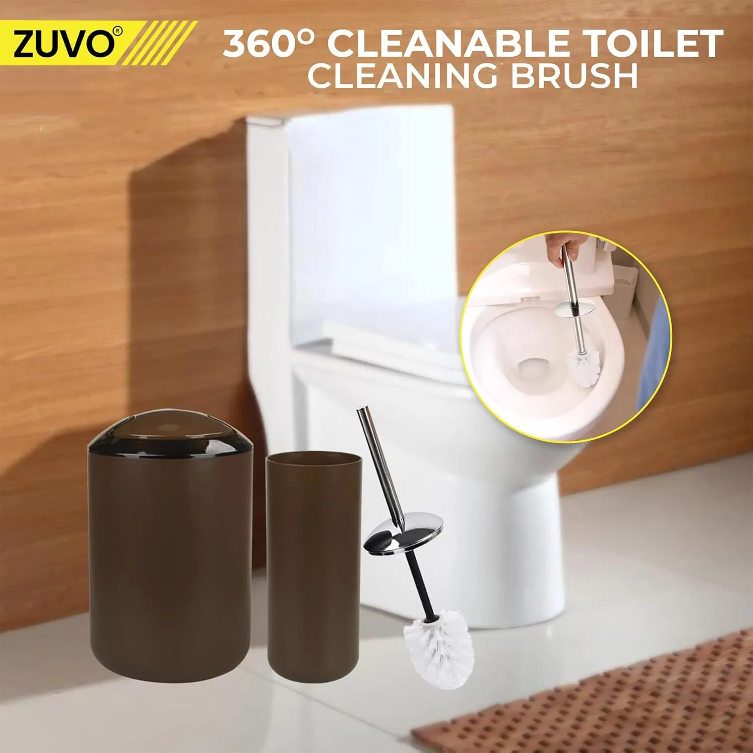 Bathroom Accessories Set 6 Piece -(Trashcan, Soap Dispenser, Toothbrush Holder, Soap Dish,Toilet Brush) for Decorative Countertop and Housewarming Gift (Brown)