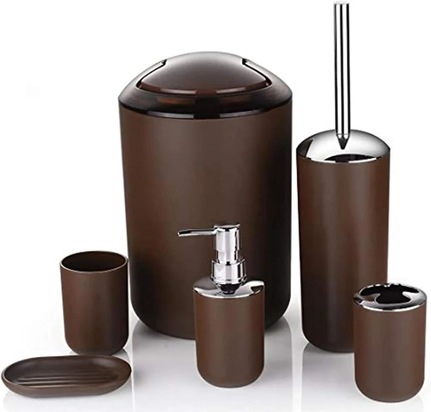 Bathroom Accessories Set 6 Piece -(Trashcan, Soap Dispenser, Toothbrush Holder, Soap Dish,Toilet Brush) for Decorative Countertop and Housewarming Gift (Brown)