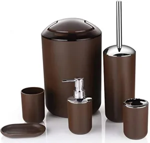Bathroom Accessories Set 6 Piece -(Trashcan, Soap Dispenser, Toothbrush Holder, Soap Dish,Toilet Brush) for Decorative Countertop and Housewarming Gift (Brown)