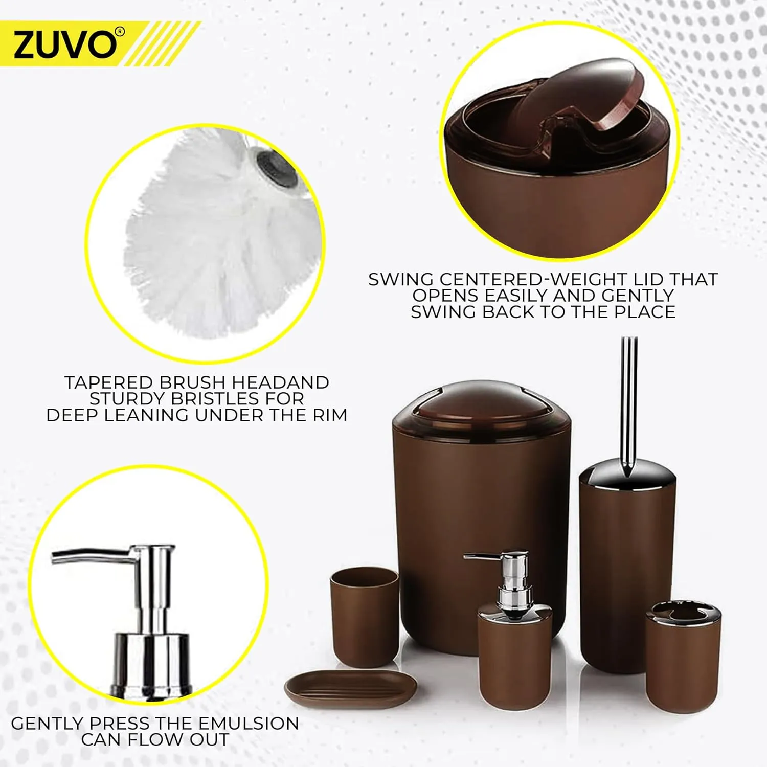 Bathroom Accessories Set 6 Piece -(Trashcan, Soap Dispenser, Toothbrush Holder, Soap Dish,Toilet Brush) for Decorative Countertop and Housewarming Gift (Brown)