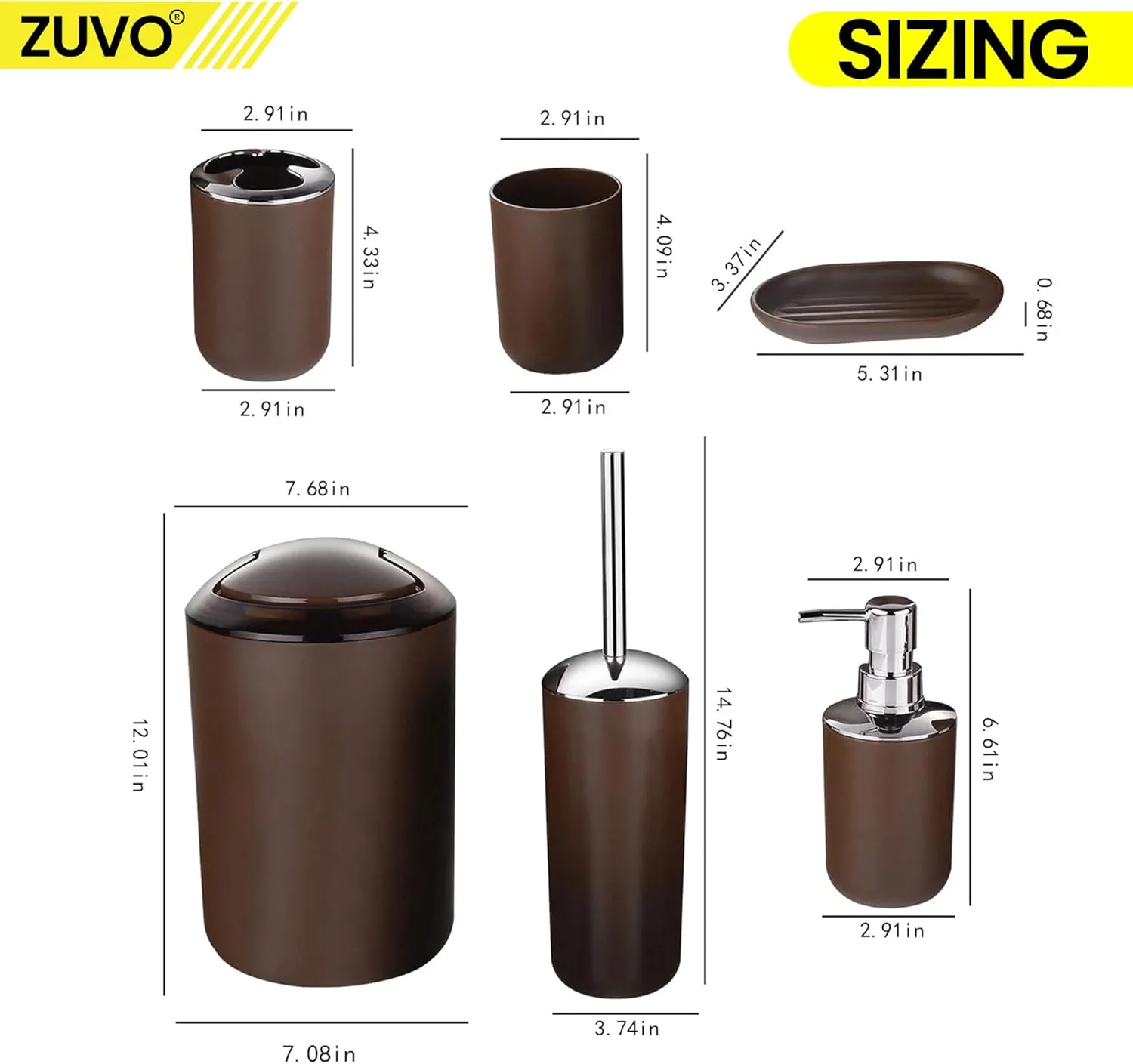 Bathroom Accessories Set 6 Piece -(Trashcan, Soap Dispenser, Toothbrush Holder, Soap Dish,Toilet Brush) for Decorative Countertop and Housewarming Gift (Brown)