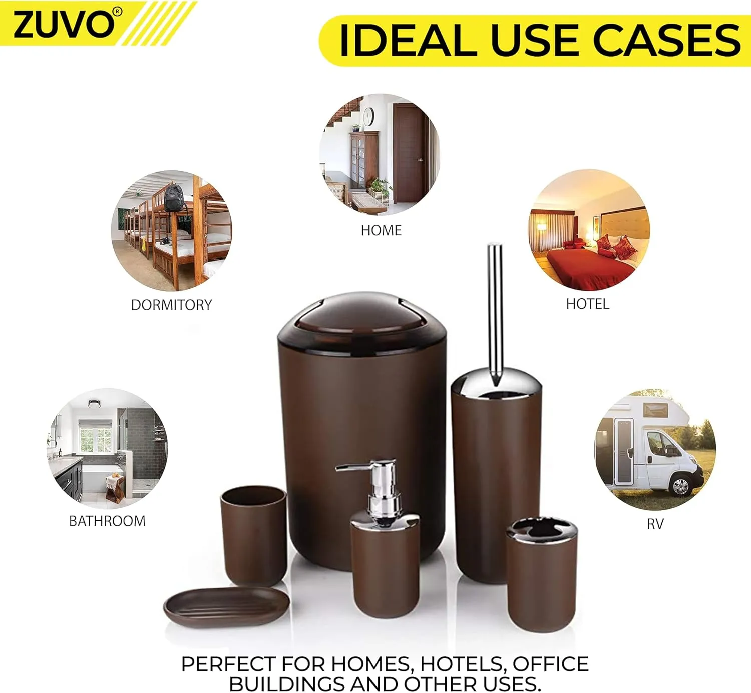 Bathroom Accessories Set 6 Piece -(Trashcan, Soap Dispenser, Toothbrush Holder, Soap Dish,Toilet Brush) for Decorative Countertop and Housewarming Gift (Brown)