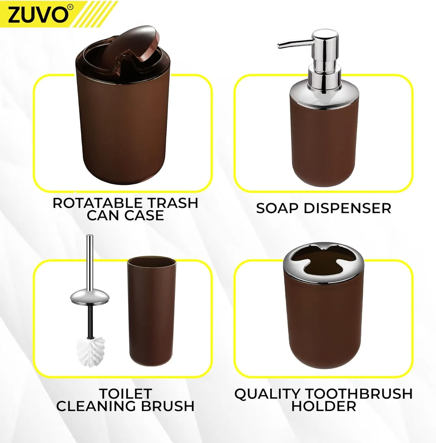 Bathroom Accessories Set 6 Piece -(Trashcan, Soap Dispenser, Toothbrush Holder, Soap Dish,Toilet Brush) for Decorative Countertop and Housewarming Gift (Brown)