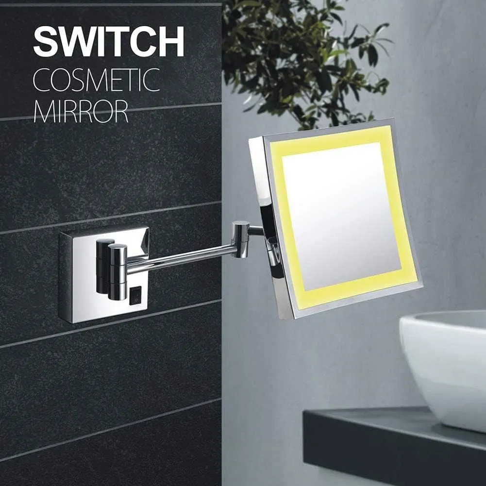Bathroom Shaving Mirror Wall Mounted USB Charge Makeup Mirror with LED Lights and 3X Magnification Single Side Square Vanity Mirror Extendable Built-in Lithium Battery 20x20CM (Color : #2)