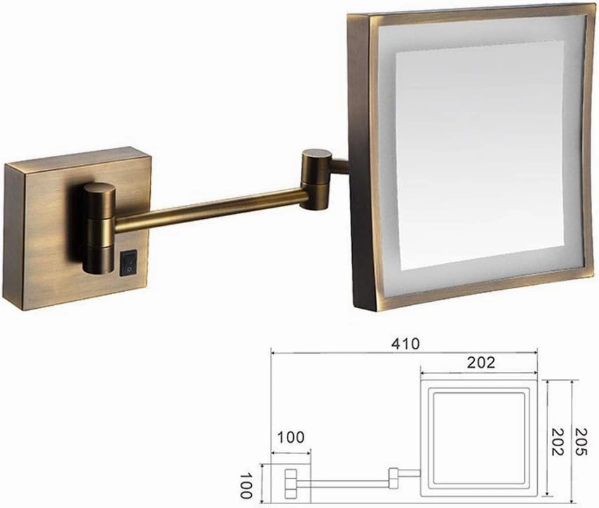 Bathroom Shaving Mirror Wall Mounted USB Charge Makeup Mirror with LED Lights and 3X Magnification Single Side Square Vanity Mirror Extendable Built-in Lithium Battery 20x20CM, Makeup and Shaving