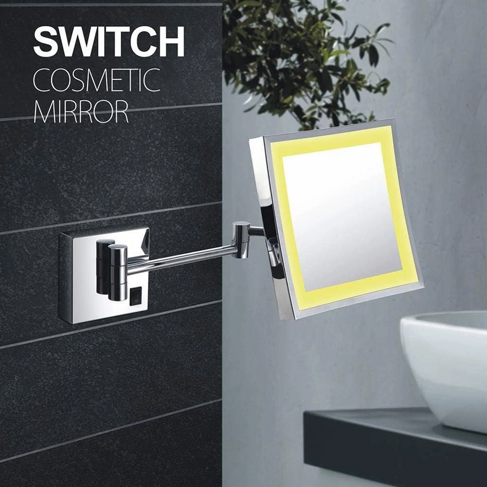 Bathroom Shaving Mirror Wall Mounted USB Charge Makeup Mirror with LED Lights and 3X Magnification Single Side Square Vanity Mirror Extendable Built-in Lithium Battery 20x20CM, Makeup and Shaving
