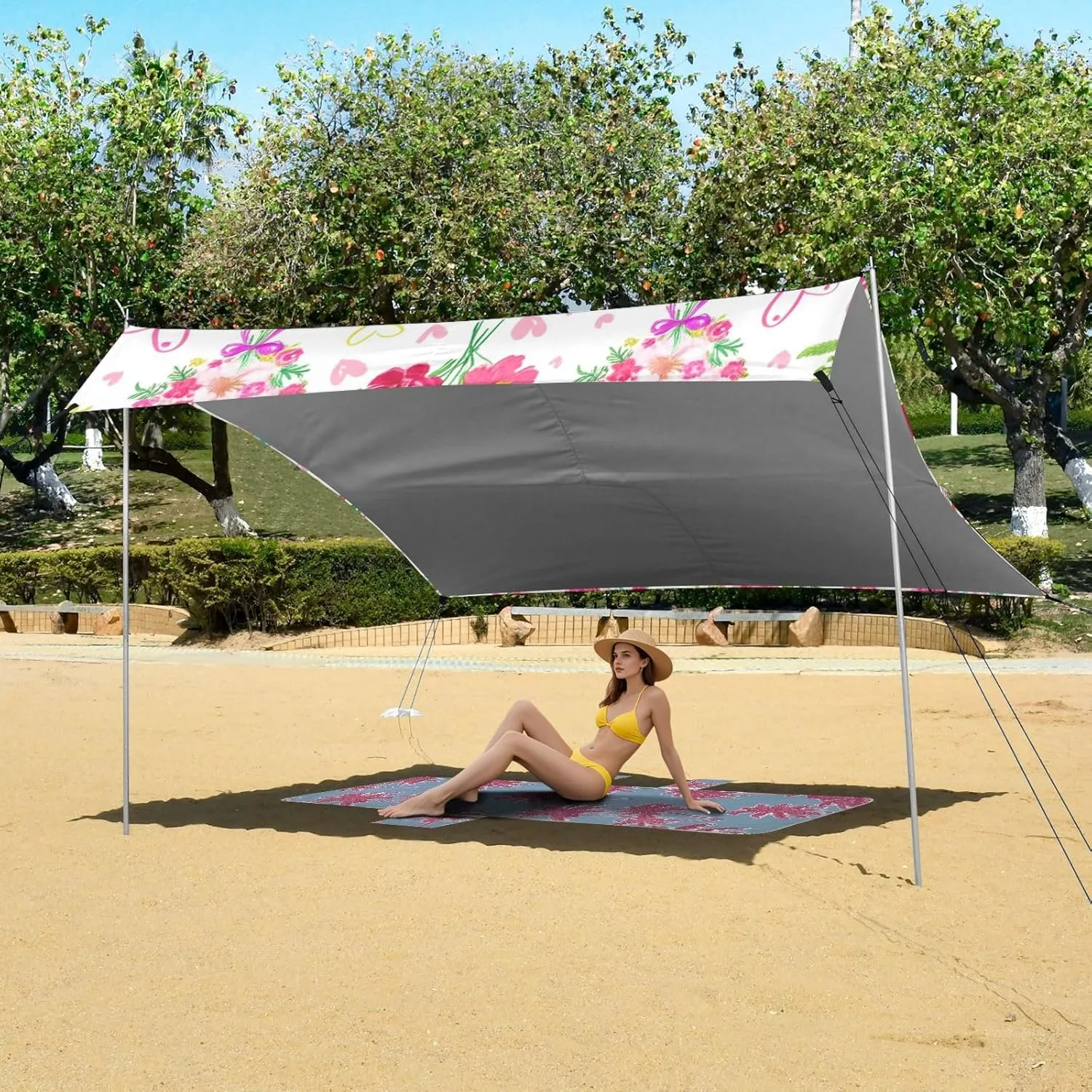 Beach Canopy Tent 9.2 × 10.5 FT Outdoor Patio Sun Shade Colorful Flower Bouquets Pink Picnic Camping Sun Shelter Custom Canopies with Poles Sandbags Easy