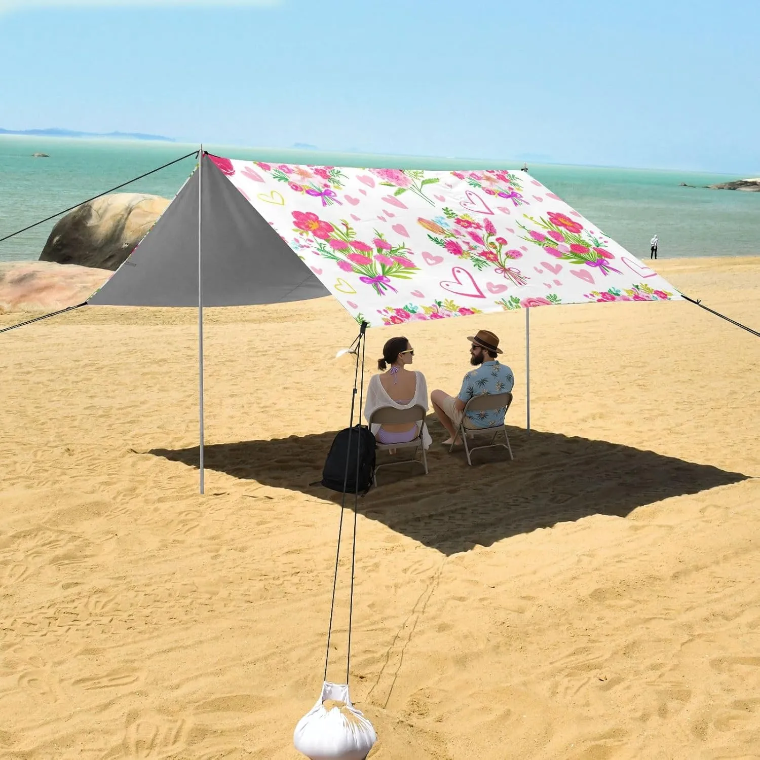 Beach Canopy Tent 9.2 × 10.5 FT Outdoor Patio Sun Shade Colorful Flower Bouquets Pink Picnic Camping Sun Shelter Custom Canopies with Poles Sandbags Easy