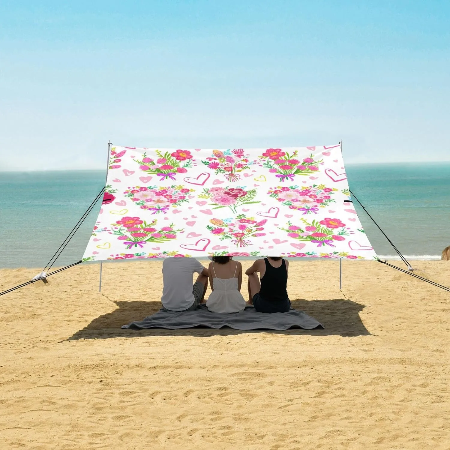 Beach Canopy Tent 9.2 × 10.5 FT Outdoor Patio Sun Shade Colorful Flower Bouquets Pink Picnic Camping Sun Shelter Custom Canopies with Poles Sandbags Easy