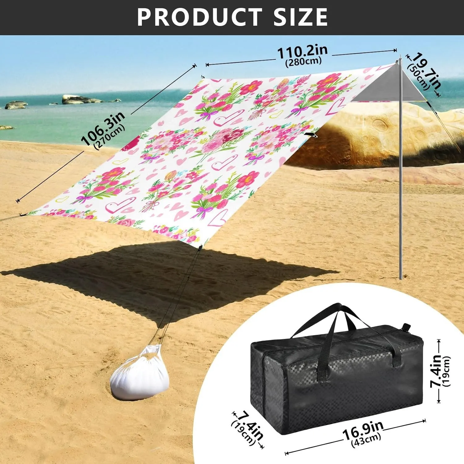 Beach Canopy Tent 9.2 × 10.5 FT Outdoor Patio Sun Shade Colorful Flower Bouquets Pink Picnic Camping Sun Shelter Custom Canopies with Poles Sandbags Easy