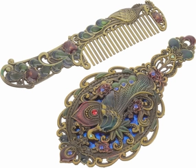 Beaupretty Antique Mirror Comb Set 1 Set Vintage Metal Handheld Makeup Mirror with a Comb Embossed Peacock Hand Mirror Travel Portable Foldable Mirror Decorative Tabletop Mirror