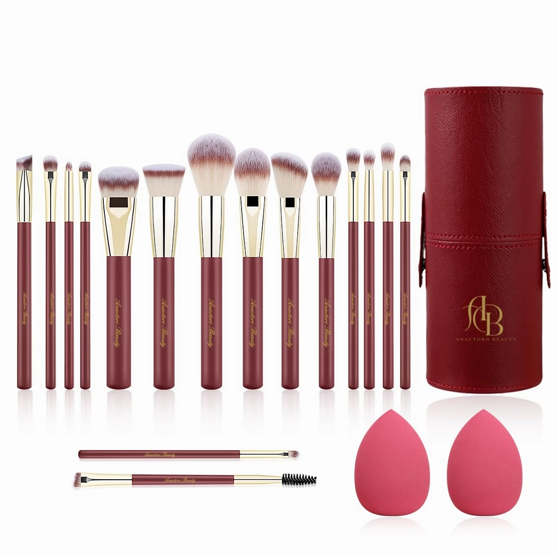 Beauty Makeup Brush Set Professional, 16 Professional Vegan Matte Wood Handle Red Gold Makeup Brushes Set and 2 Makeup Sponges, Travel Make up Brushes Set with Case (Red)