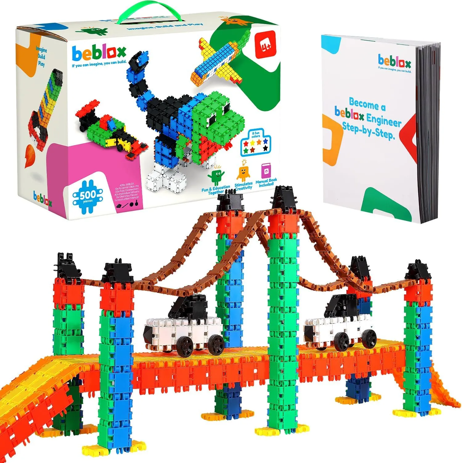 Beblox Building Blocks for Kids - 500-Piece Connecting Tiles Set - Interlocking Building Blocks for Kids, STEM Toys Kit, Fun & Educational Gifts for Boys & Girls, Preschool Learning Activities Ages 4 