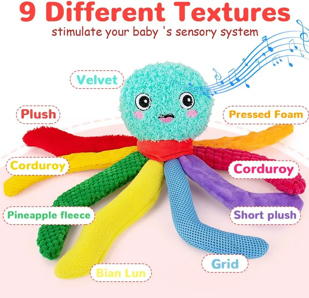 Beetoy Baby Newborn Toddlers Sensory Plush Octopus, Musical Toy with Octopus Shape, Stuffed Animal for Girls & Boys, Tummy Time Sensory Toys with Crinkle & Textures