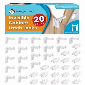 Benny Bradley's Invisible Baby Proofing Cabinet Latch Locks (20 Pack) - No Drilling or Tools Required for Installation, Works with Most Cabinets and Drawers, Works with Countertop Overhangs