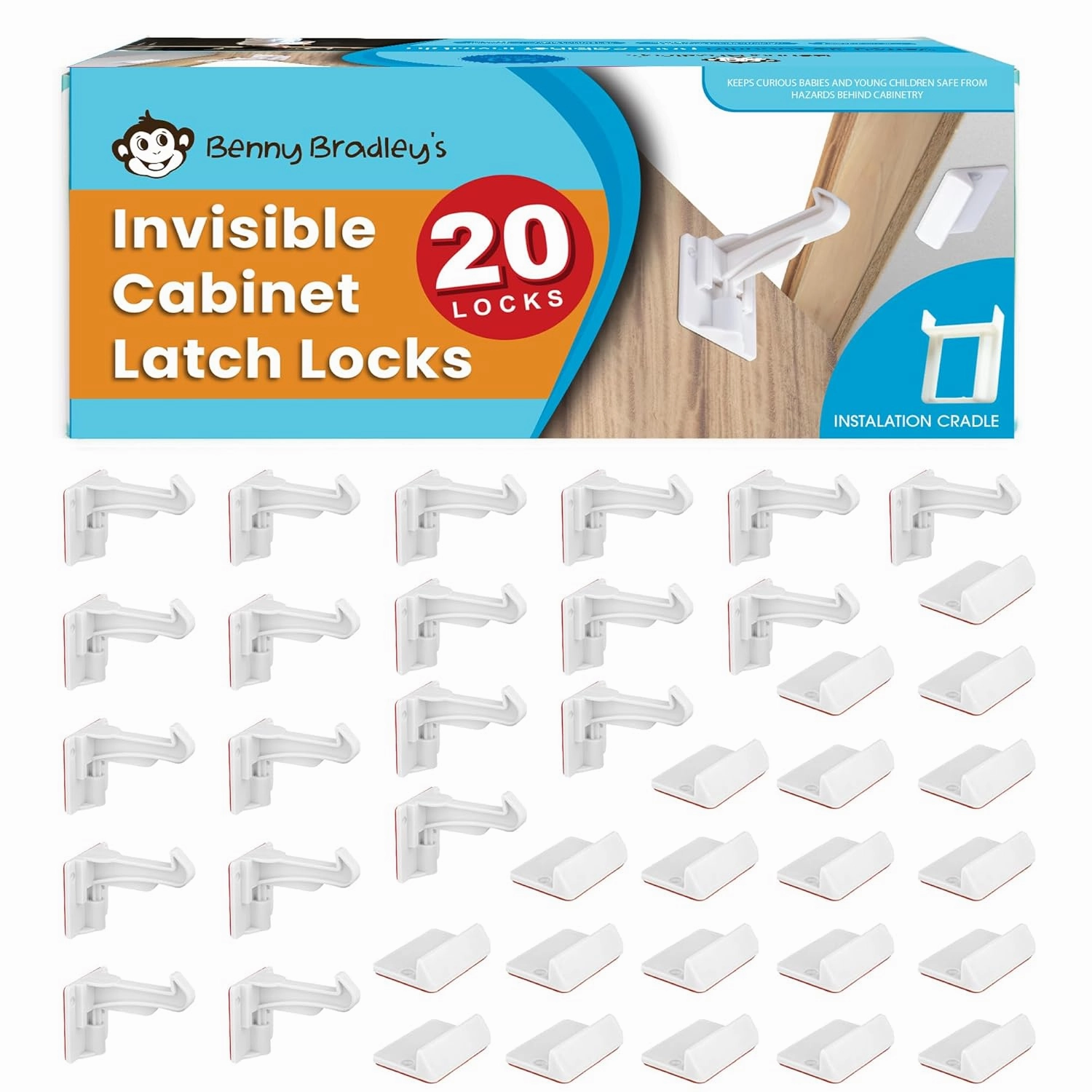 Benny Bradley's Invisible Baby Proofing Cabinet Latch Locks (20 Pack) - No Drilling or Tools Required for Installation, Works with Most Cabinets and Drawers, Works with Countertop Overhangs