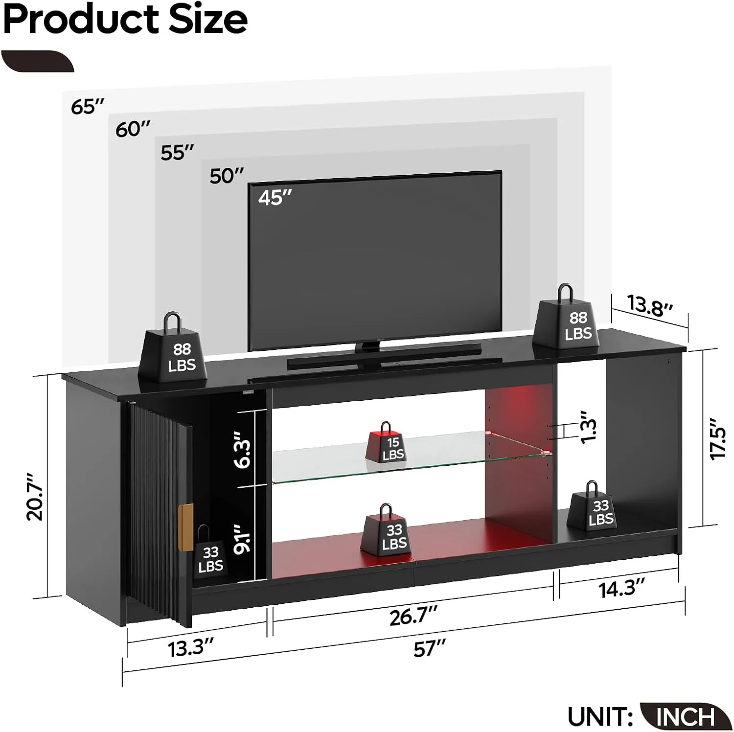 Bestier LED TV Stand for 55/60/65 Inch TV, Gaming Entertainment Center with Cabinet for PS5, Xbox, Fluted TV Console with Adjustable Glass Shelves for Living Room, Bedroom 57 Inch, Bright Black