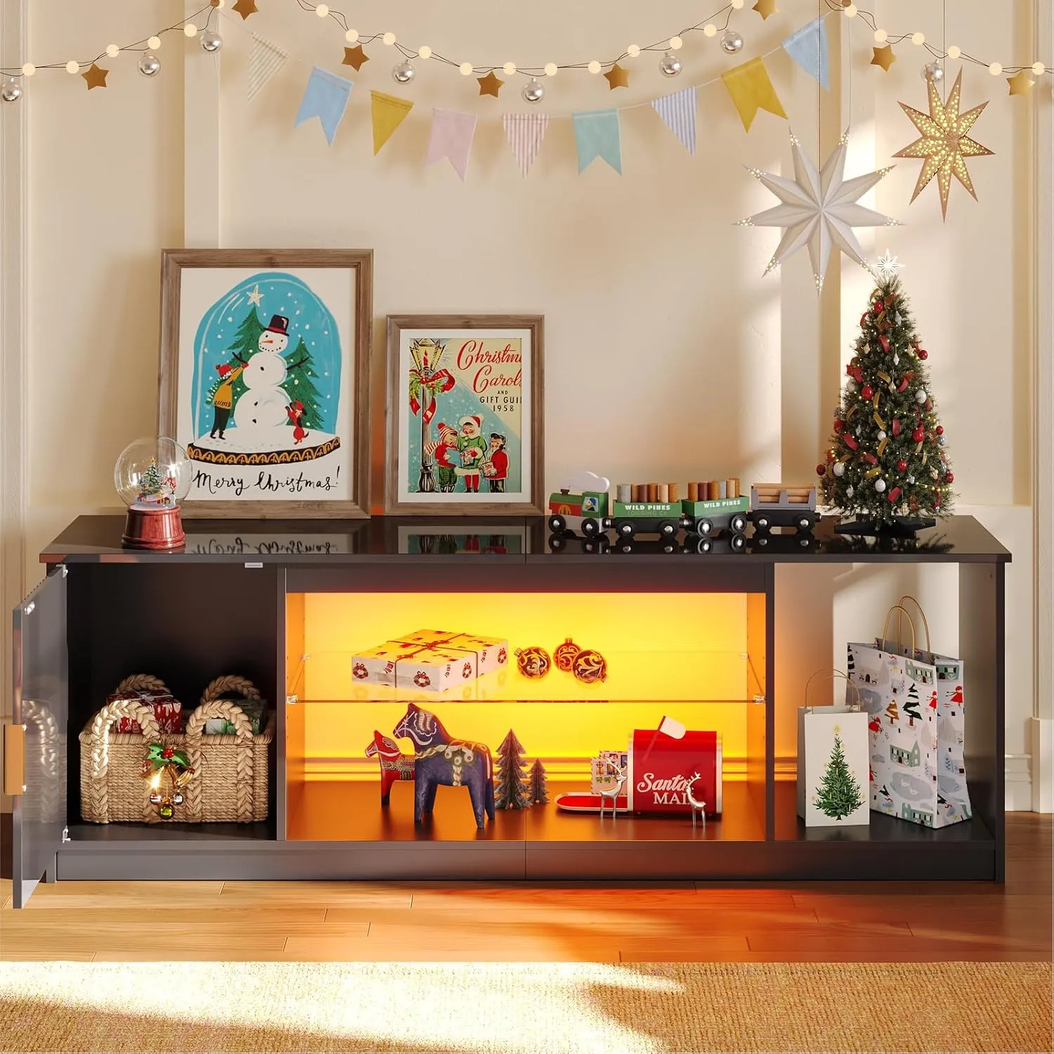 Bestier LED TV Stand for 55/60/65 Inch TV, Gaming Entertainment Center with Cabinet for PS5, Xbox, Fluted TV Console with Adjustable Glass Shelves for Living Room, Bedroom 57 Inch, Bright Black