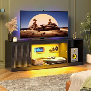 Bestier LED TV Stand for 55/60/65 Inch TV, Gaming Entertainment Center with Cabinet for PS5, Xbox, Fluted TV Console with Adjustable Glass Shelves for Living Room, Bedroom 57 Inch, Bright Black
