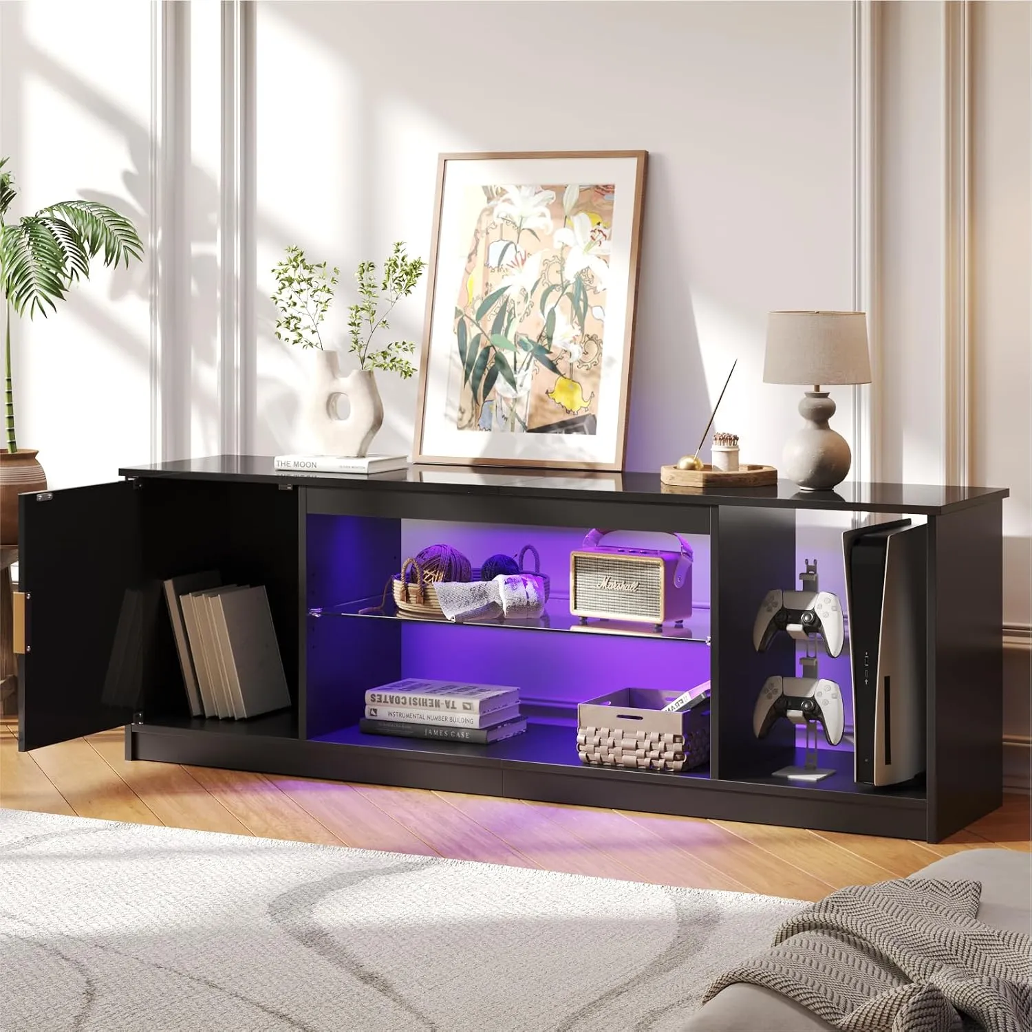 Bestier LED TV Stand for 55/60/65 Inch TV, Gaming Entertainment Center with Cabinet for PS5, Xbox, Fluted TV Console with Adjustable Glass Shelves for Living Room, Bedroom 57 Inch, Bright Black