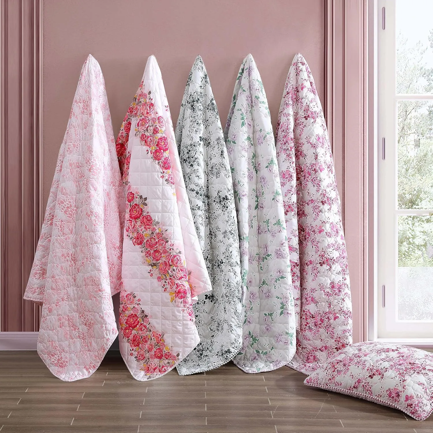 Betsey Johnson - Quilt Set, Reversible Brushed Microfiber Bedding with Matching Shams Diamond Stitched Bedroom Decor (Butterfly Ombre Pink, Queen)