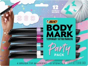 BIC BodyMark Party Pack Temporary Tattoo Marker for Skin, Premium Brush Tip, Gifts for Teens, 4 Count Pack