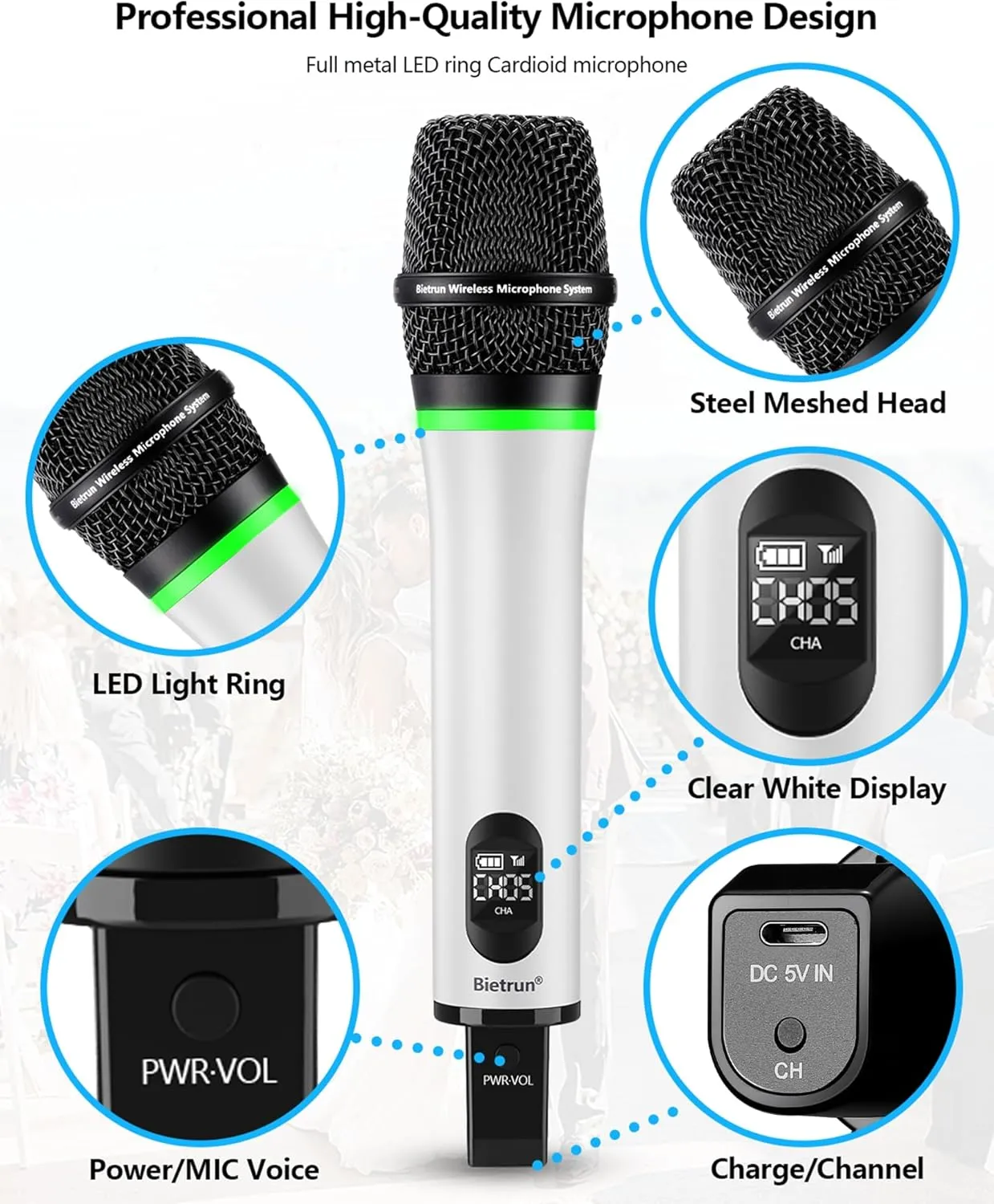 Bietrun Rechargeable Wireless Microphone,Dual Metal Cordless Handheld Dynamic Wireless Mics with Bluetooth, UHF 240FT Range for 1/4'',1/8''Output,PA System,Dj,Mixer,Church(White＆Black)