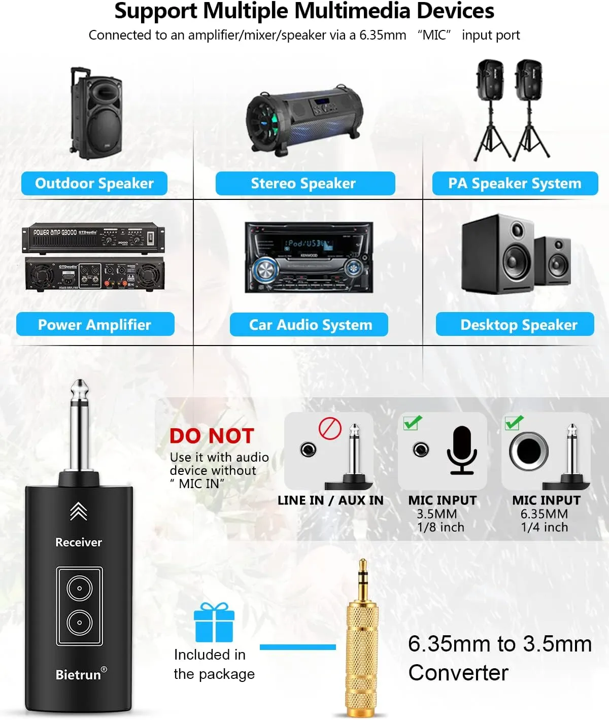 Bietrun Rechargeable Wireless Microphone,Dual Metal Cordless Handheld Dynamic Wireless Mics with Bluetooth, UHF 240FT Range for 1/4'',1/8''Output,PA System,Dj,Mixer,Church(White＆Black)