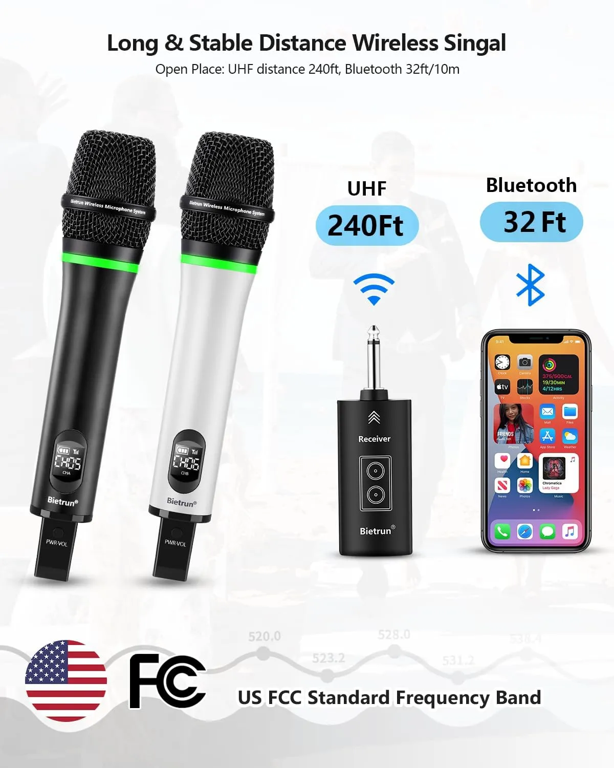 Bietrun Rechargeable Wireless Microphone,Dual Metal Cordless Handheld Dynamic Wireless Mics with Bluetooth, UHF 240FT Range for 1/4'',1/8''Output,PA System,Dj,Mixer,Church(White＆Black)