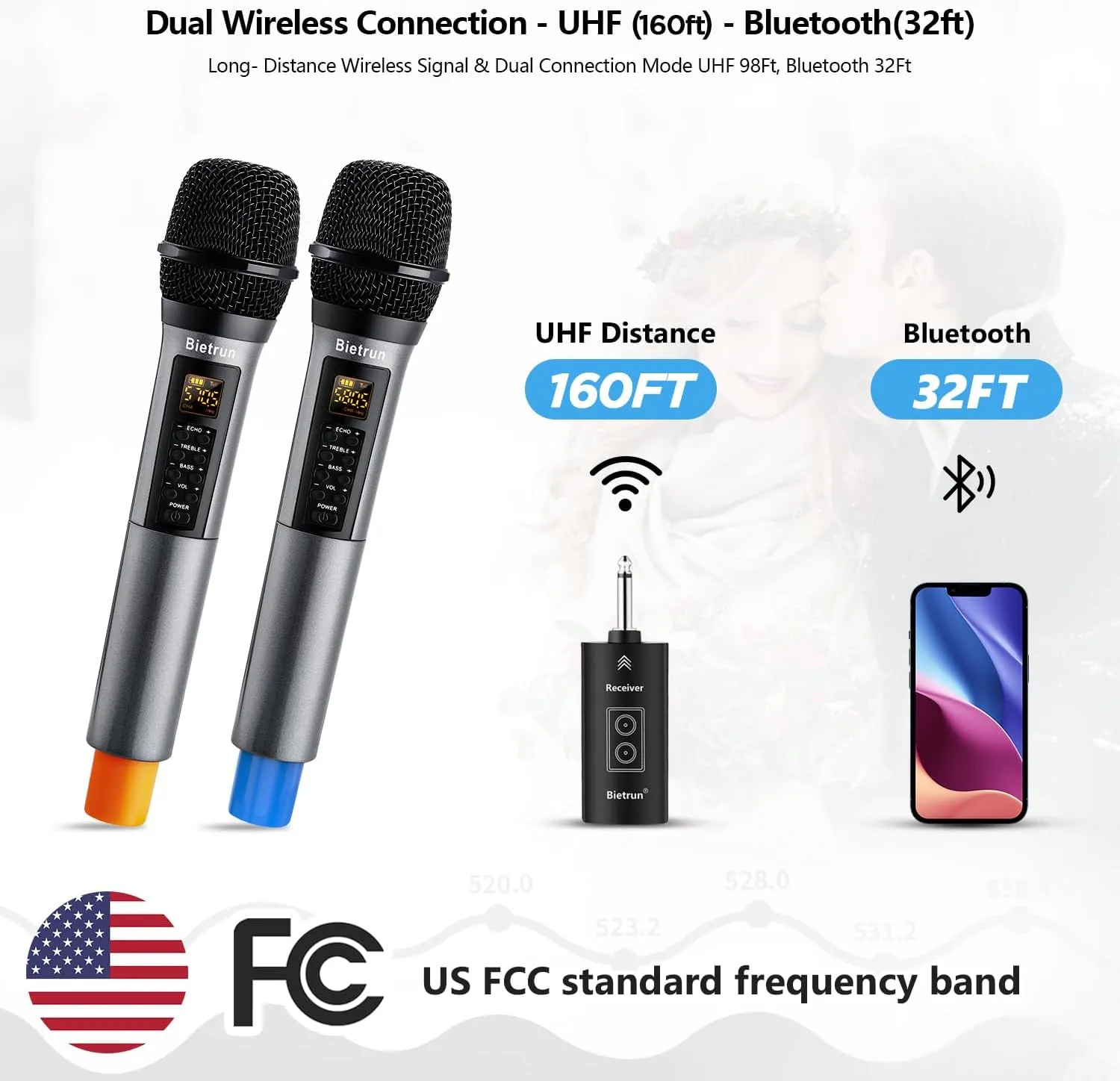 Bietrun Wireless Microphones with Echo,Treble,Bass&Bluetooth,160FT Range,Portable UHF Handheld Karaoke Dynamic Microphone System with Rechargeable Receiver for Karaoke,Singing,Amp,PA System,DJ,Stage