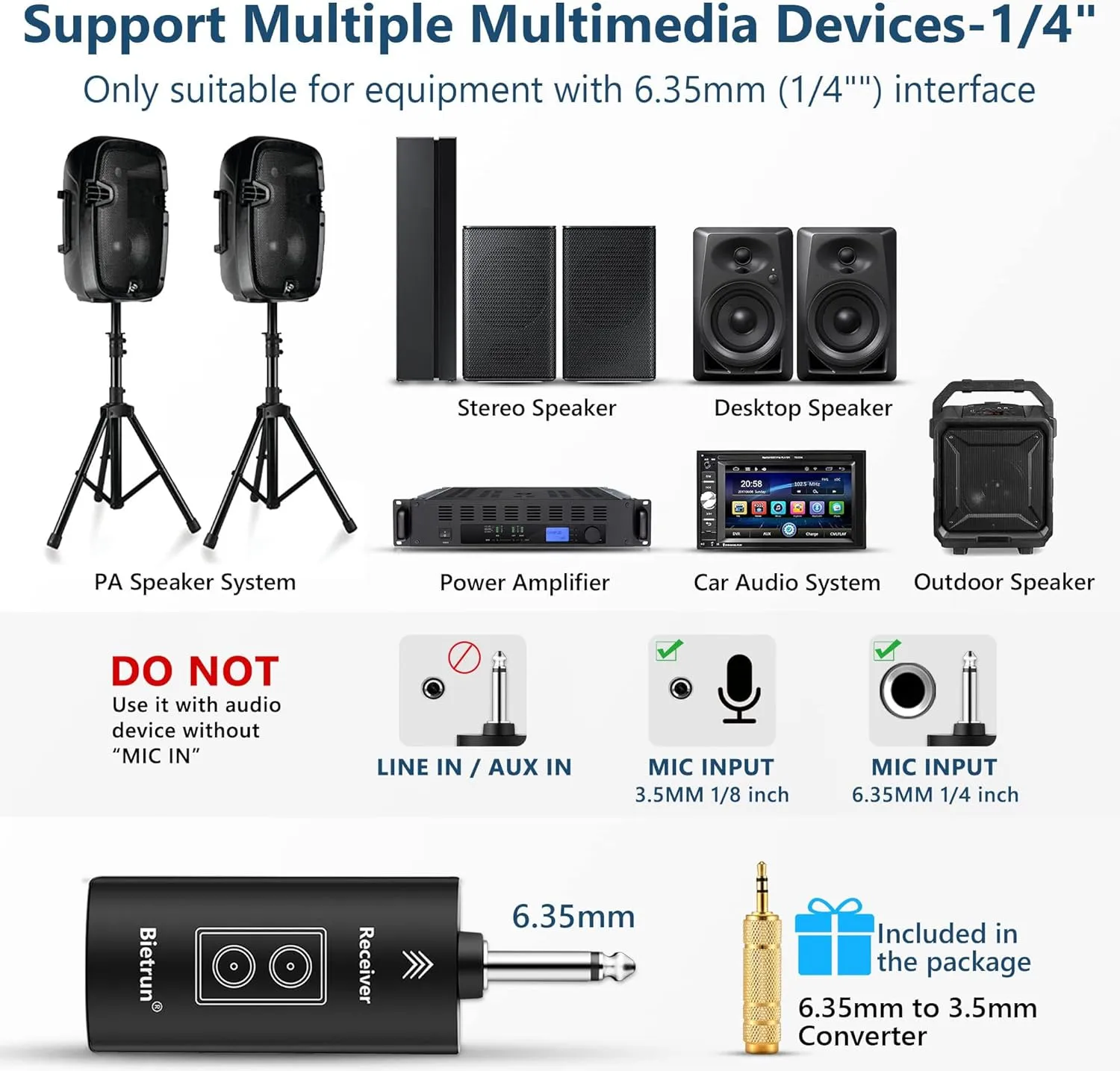 Bietrun Wireless Microphones with Echo,Treble,Bass&Bluetooth,160FT Range,Portable UHF Handheld Karaoke Dynamic Microphone System with Rechargeable Receiver for Karaoke,Singing,Amp,PA System,DJ,Stage